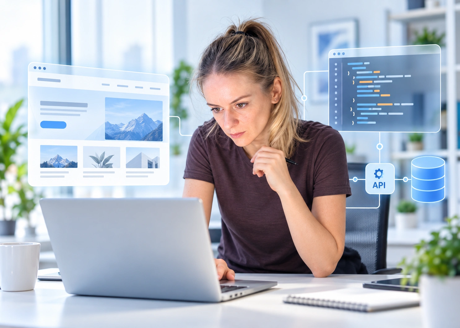 Woman working intently on a laptop