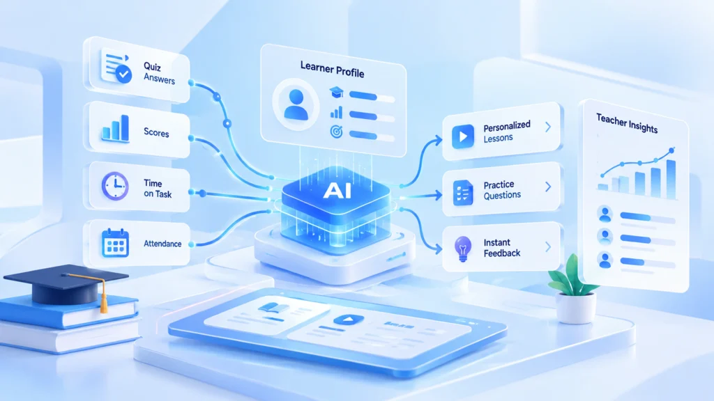 How an AI-powered learning platform works: quiz answers, scores, time on task and attendance feed a learner profile, and the AI returns personalized lessons, practice questions, instant feedback and teacher insights