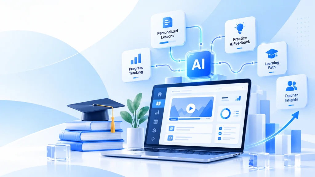 AI tutoring workspace with personalized lessons, practice and feedback, a learning path, progress tracking and teacher insights