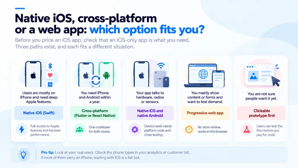Decision guide matching app situations to native iOS, cross-platform with Flutter or React Native, native iOS and Android, a progressive web app or a clickable prototype first