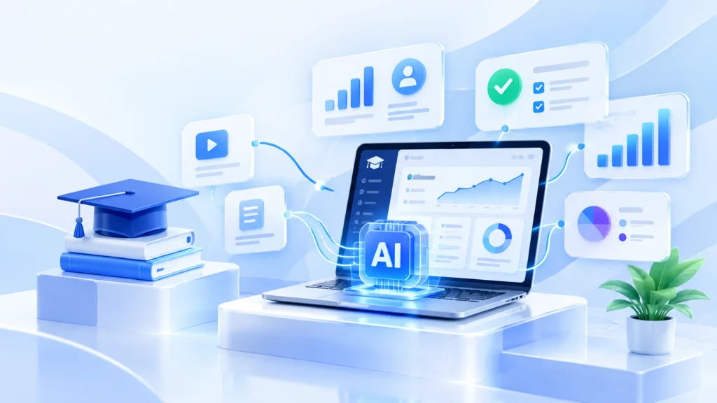 Adaptive learning dashboard where AI connects lessons, quizzes and progress charts to adjust content and pace for each student