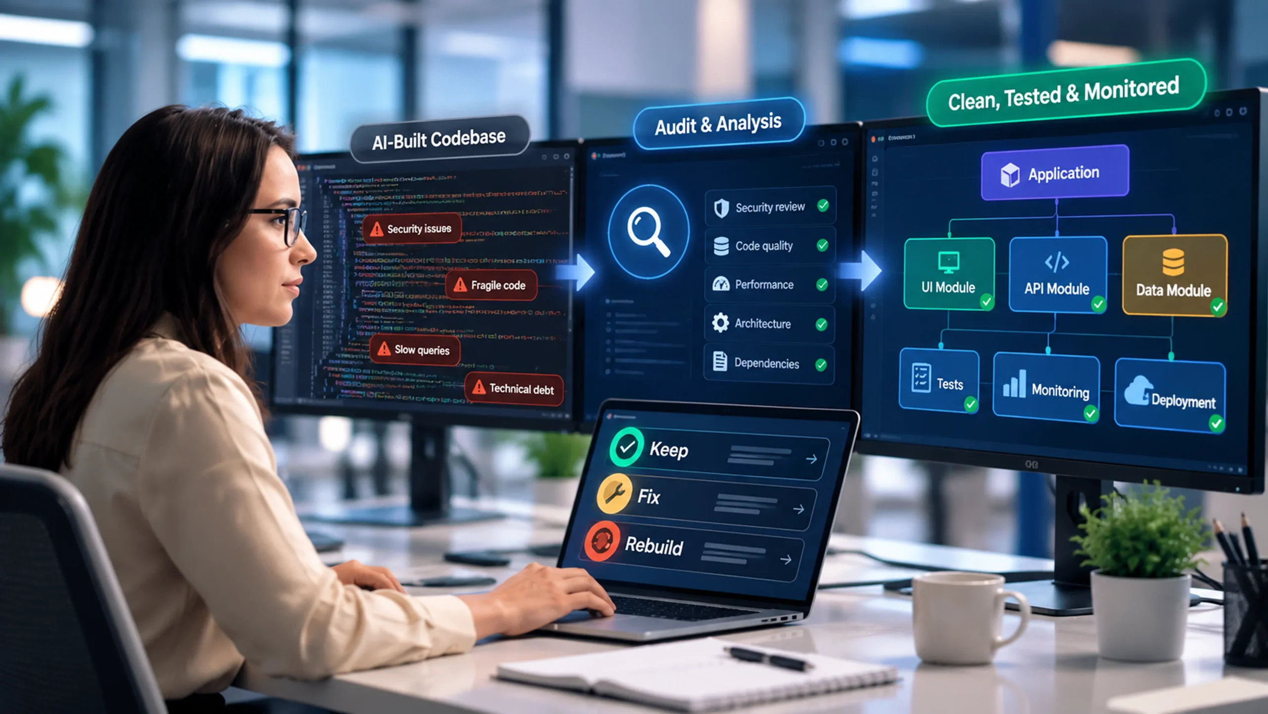 An engineer auditing an AI-built codebase and sorting each part into keep, fix or rebuild until it is clean, tested and monitored
