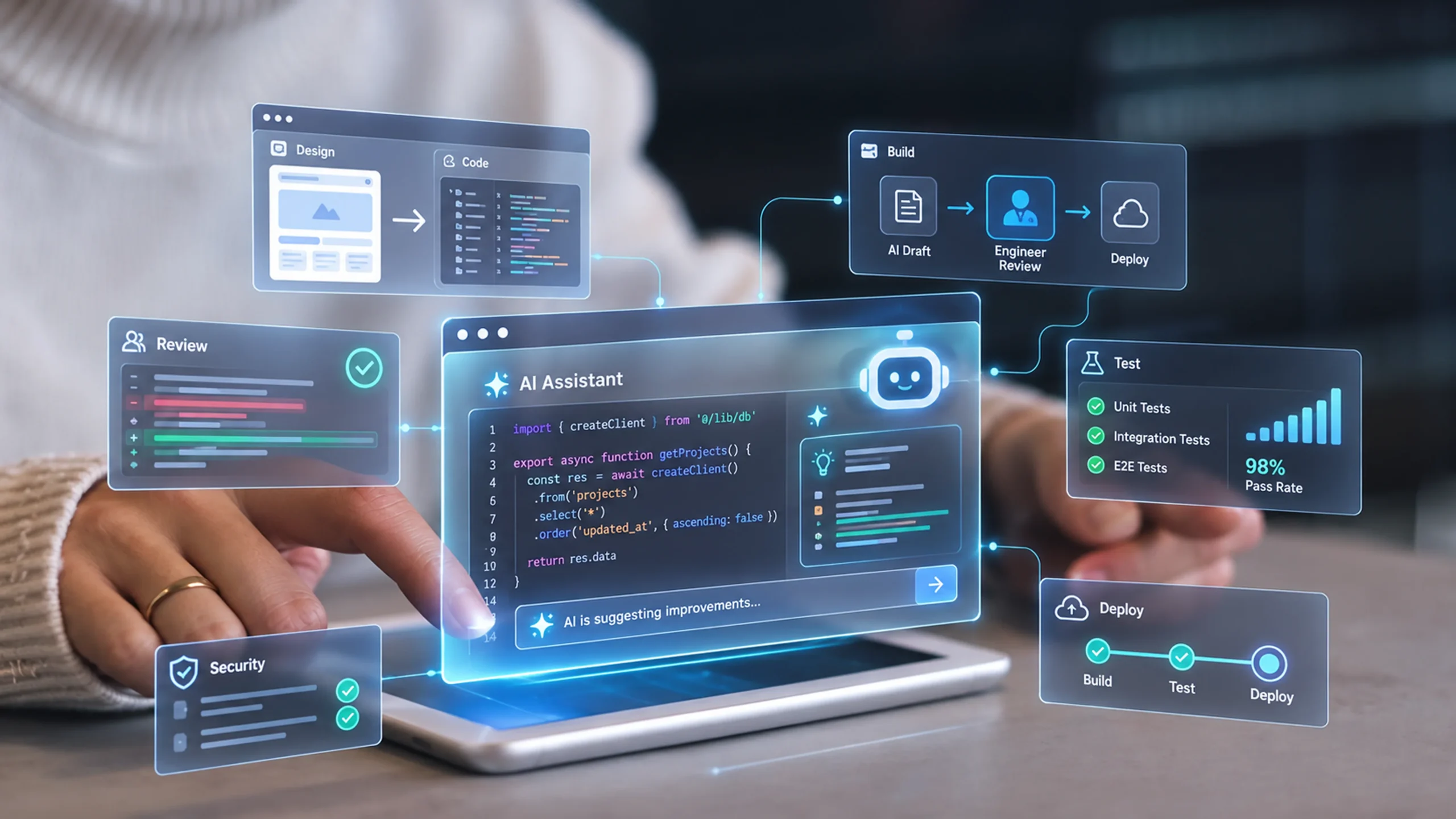 A developer guiding AI coding tools, with the generated code, the workflow and its checks on screens around the laptop