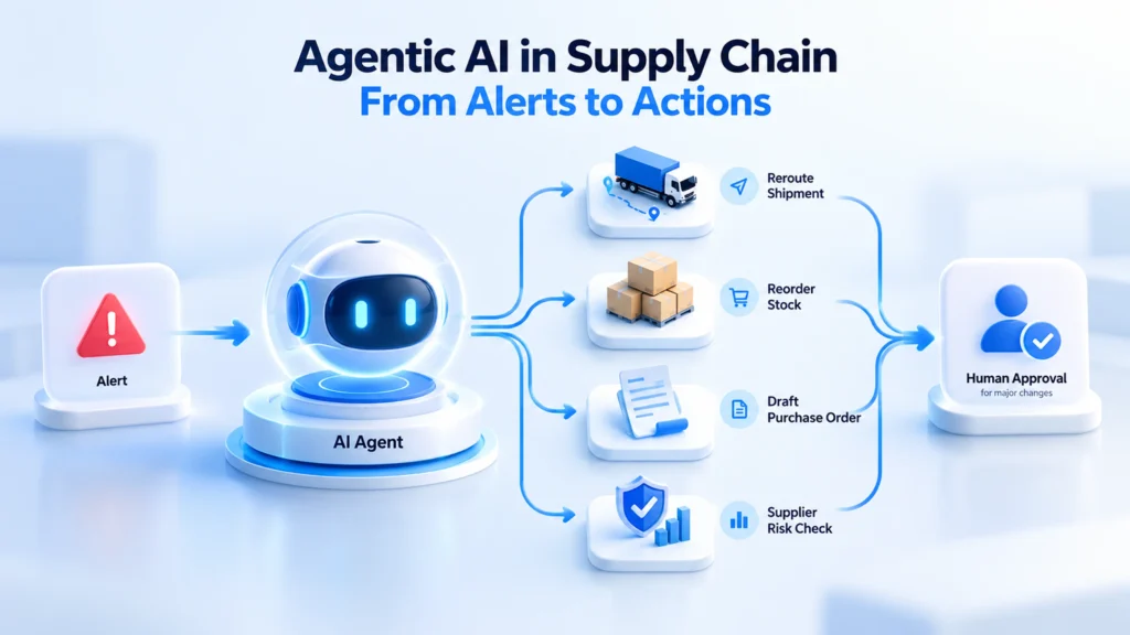 Agentic AI in supply chain, from alerts to actions: an AI agent turns an alert into rerouted shipments, reordered stock, draft purchase orders and supplier risk checks, with human approval