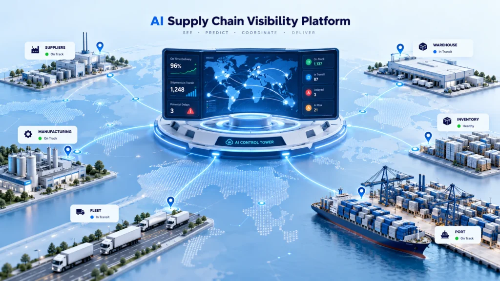 AI supply chain visibility platform connecting suppliers, manufacturing, warehouses, inventory, fleet and ports in one control tower view