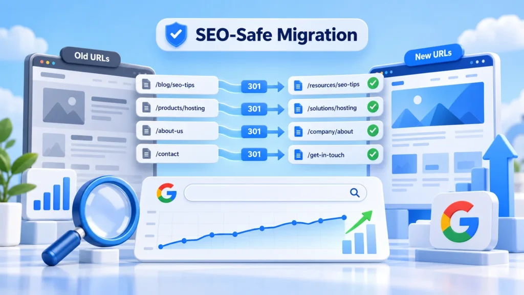 SEO-safe website migration: old URLs mapped to new URLs with 301 redirects so Google rankings and traffic hold during a platform switch