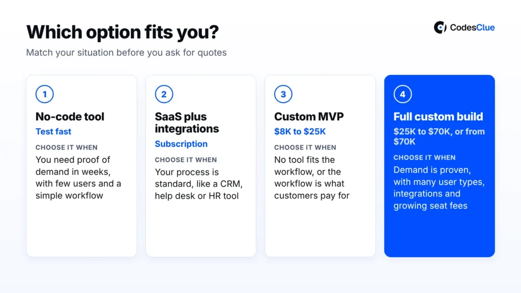 Four options for a web app compared: no-code tool, SaaS plus integrations, custom MVP from $8K to $25K and full custom build, each with when to choose it