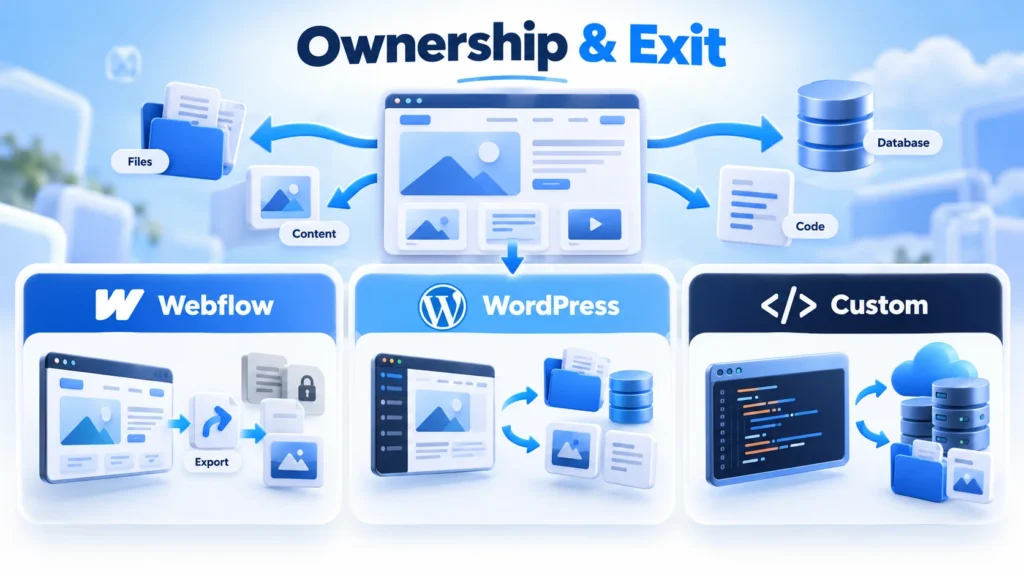 Website ownership and exit options: how files, content, database and code can be exported or moved from Webflow, WordPress and a custom website