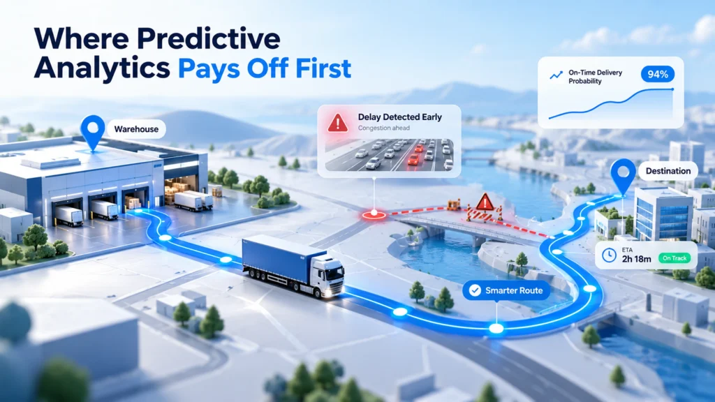 Where predictive analytics pays off first: a delivery delay detected early and a smarter route chosen to keep on-time delivery high